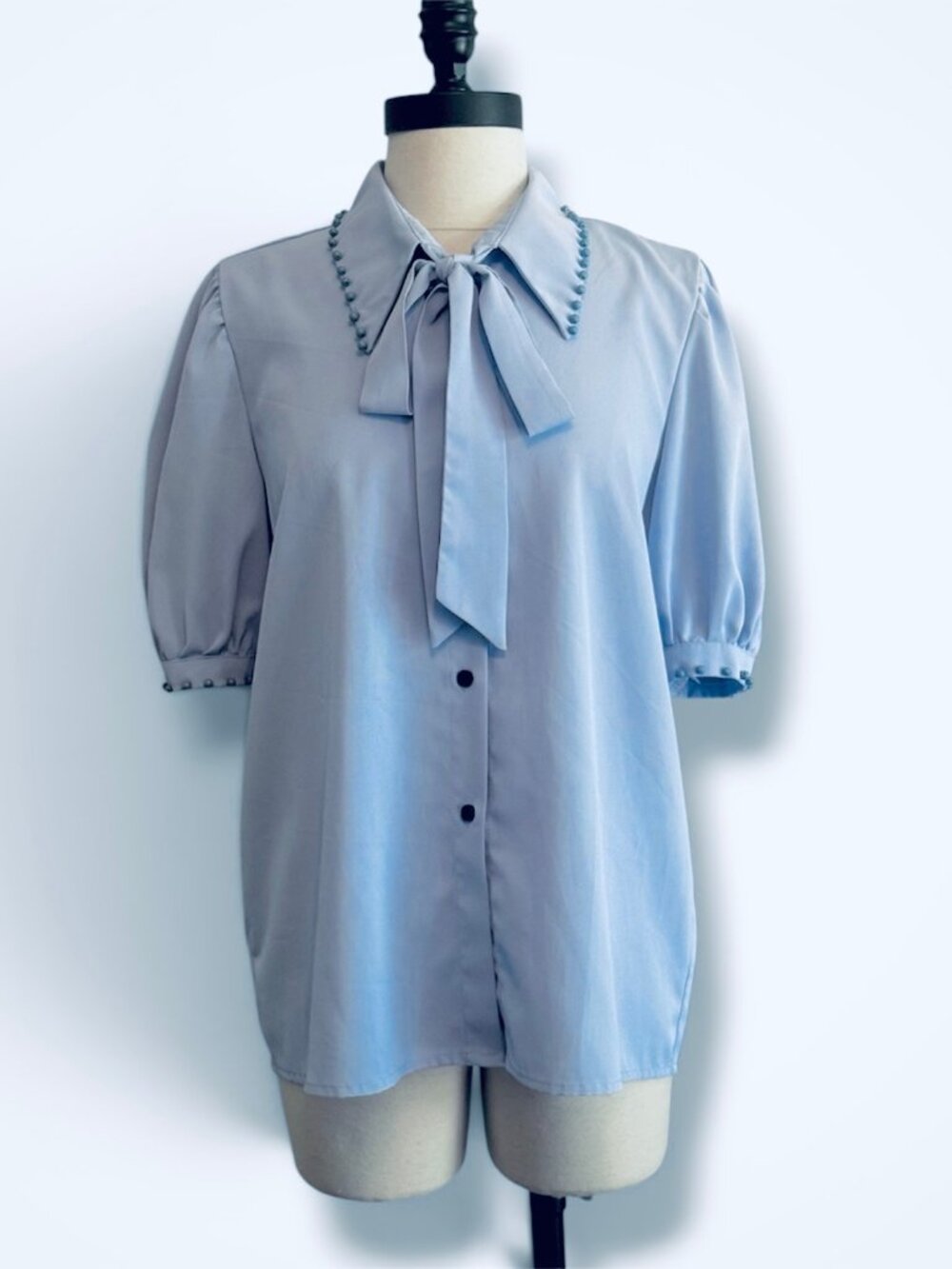 Upcycled Light Blue Pearl Collar Tie Neck Puff Sleeve Button Down Blouse Large
